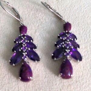 New Amethyst & Chariote Drop Solid Sterling Earrings, 1 3/4 Dangle , Handmade,